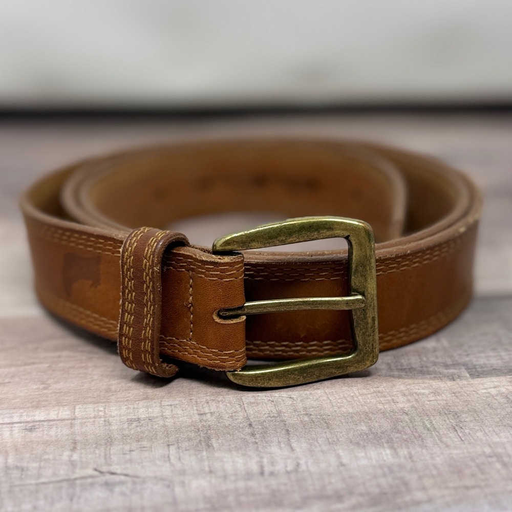 Vtg LL Bean Mens Triple Stitch Boot Logo Belt 44 Brown Leather Gorpcore Outdoor